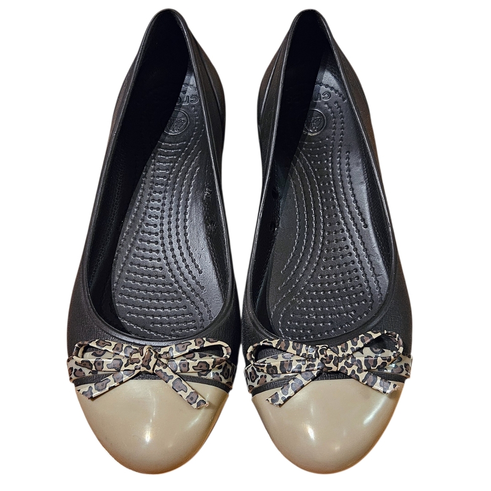 Crocs Cap Toe Leopard Bow Ballet Flats in Espresso & Gold Women's Size 7